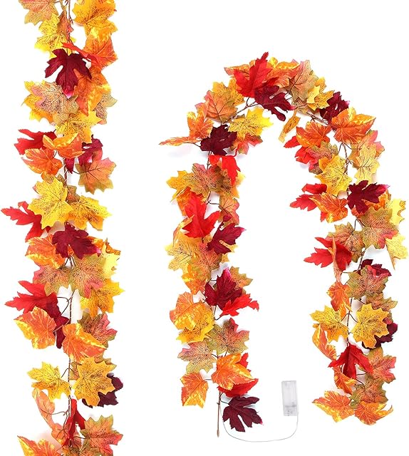 LOKIPA Artificial Autumn Fall Maple Leaves Garland , 1.8M Maple Leaves String Lights for Thanksgiving Wedding Party Decor