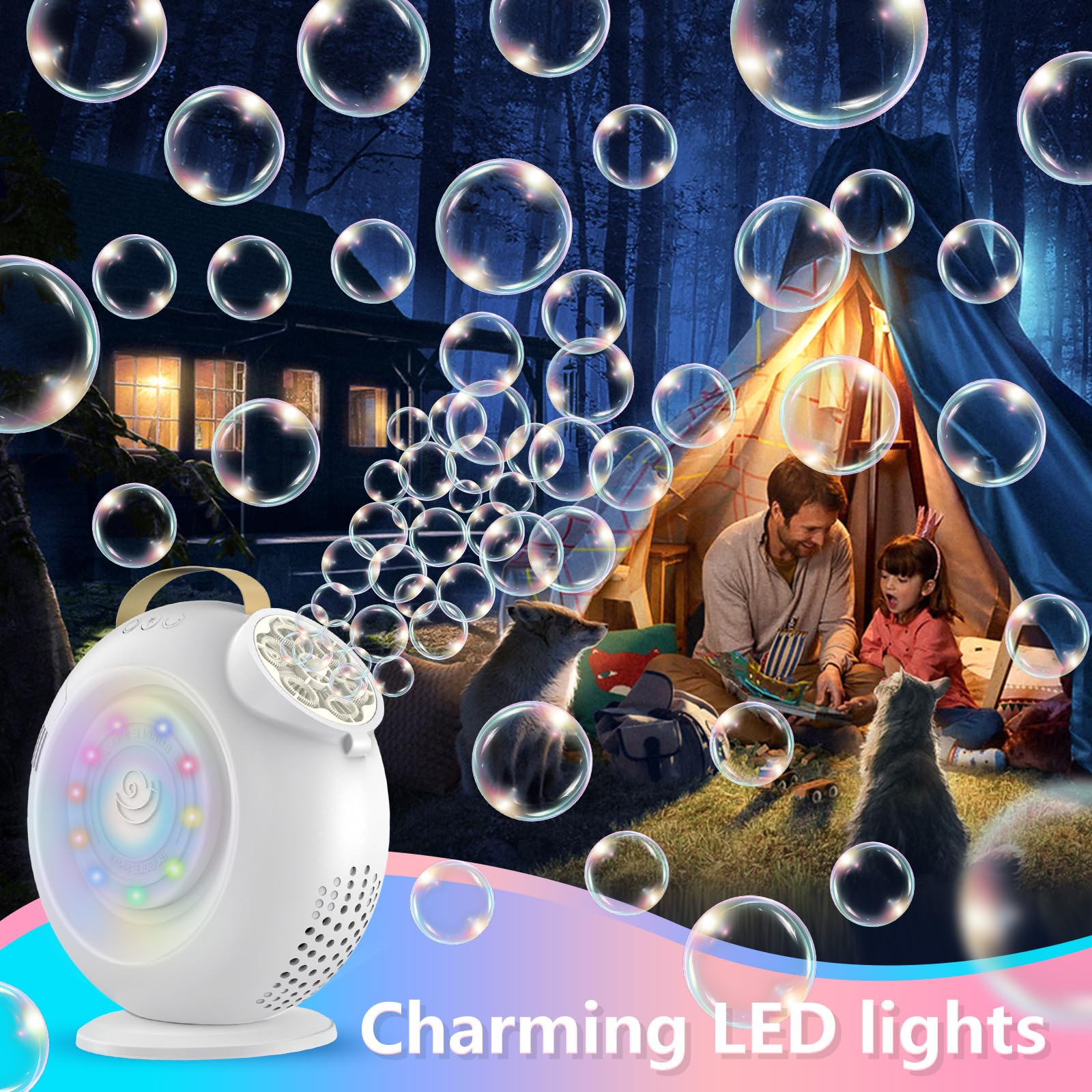 Machine à Bulles Rechargeable pour Enfants - Plus de 15 000 Bulles/Min, Rotation Auto 90°/360° avec lumière LED. Capacité 500 ML, 2 Vitesses. Idéale pour fêtes en extérieur, Mariages, Anniversaires