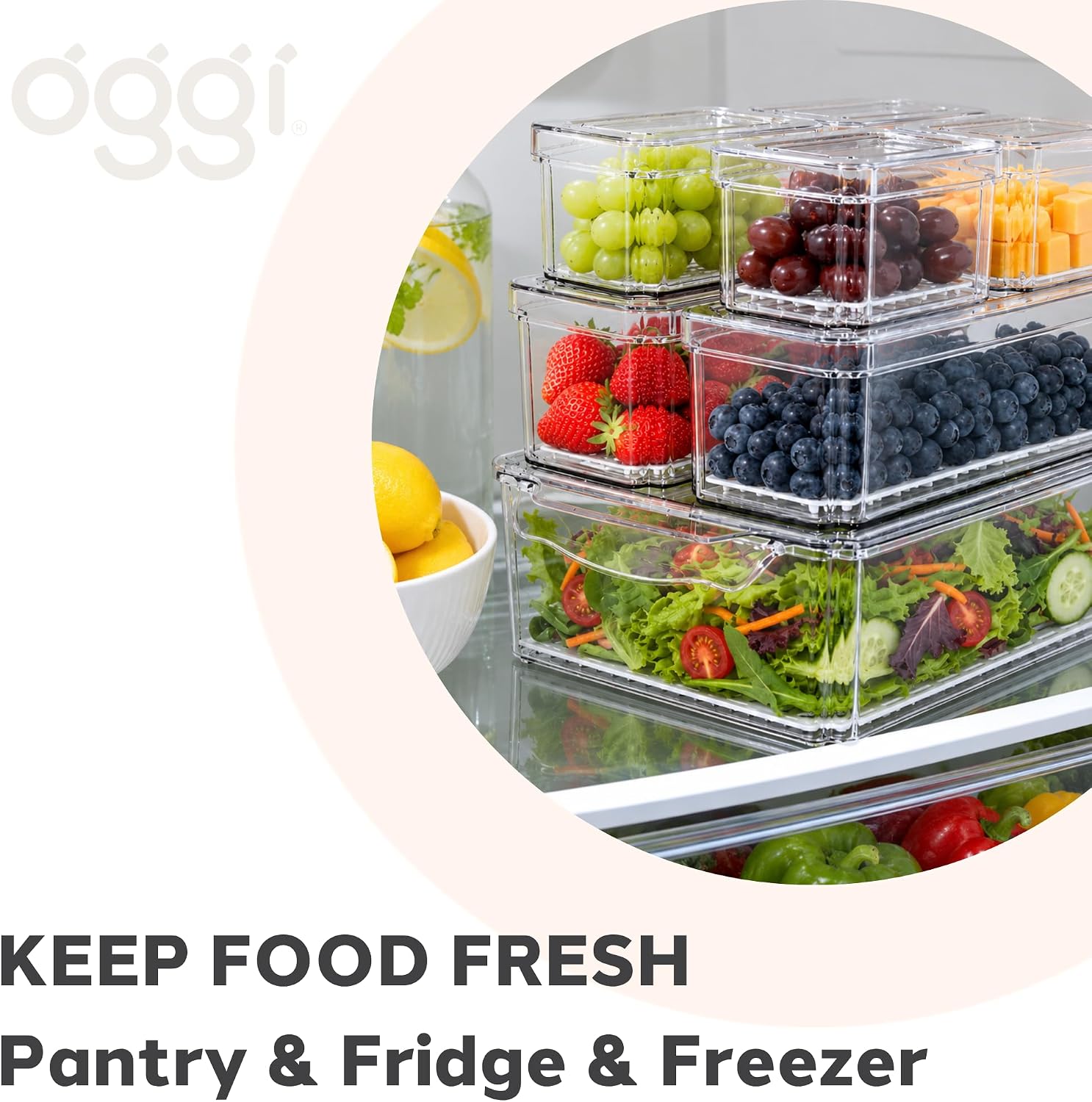 OGGI 17 Piece Storage Bin Set with Lids & Airflow Trays, Clear Stackable Storage Containers for Fridge Organizers and Storage, Pantry Organizers, Kitchen Organization, Cabinet & Bathroom Storage