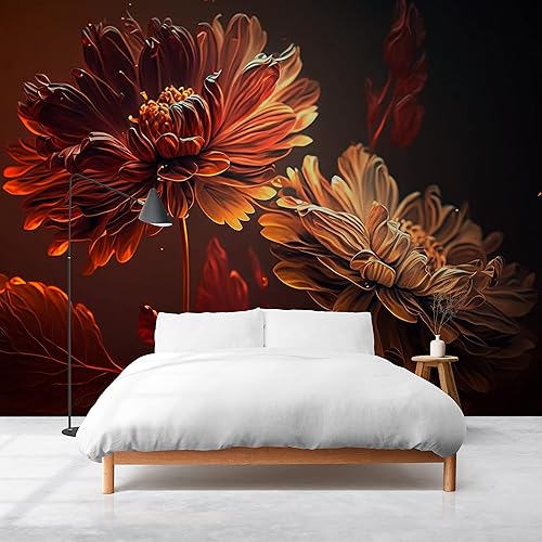 Miniatura 5 de DEKOROS.COM Papel tapiz con estampado de flores de crisantemo sobre fondo oscuro, diseño floral audaz y elegante para un interior llamativo del