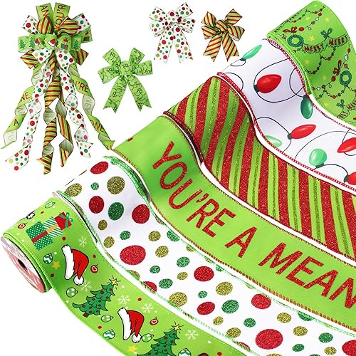 Cintas de Navidad con alambre de 2.5 pulgadas, 6 rollos, 30 yardas en total, rojo y verde, para árbol, lazos, coronas, suministros, cintas con