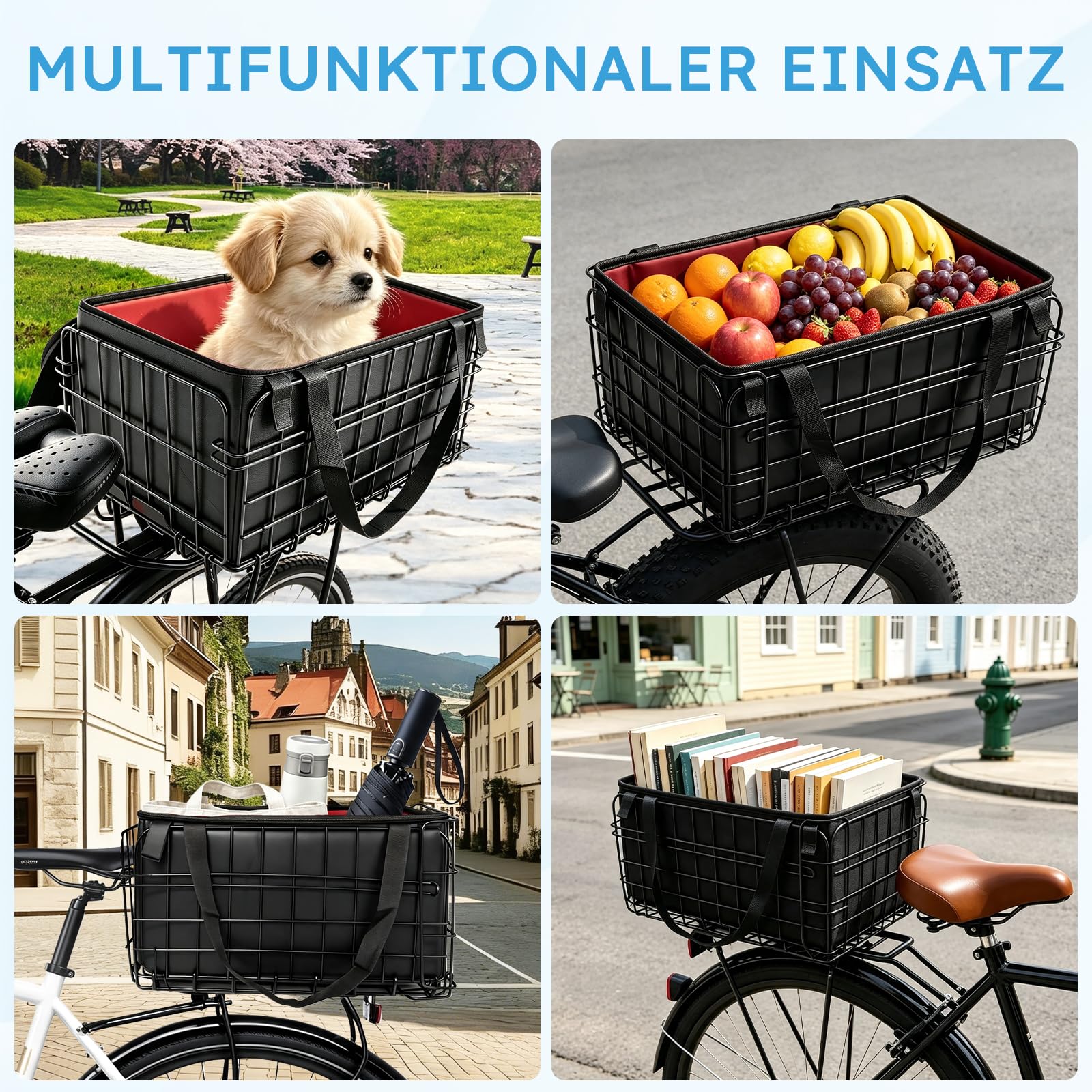 Fahrradkorb Hinten, Gepäckträgerkorb Faltbar, Großer Gepäckträger Korb Abnehmbar, mit Herausnehmbarer Innentasche und Regenschutz Fahrradkorb, für Fahrrad und Elektrofahrrad