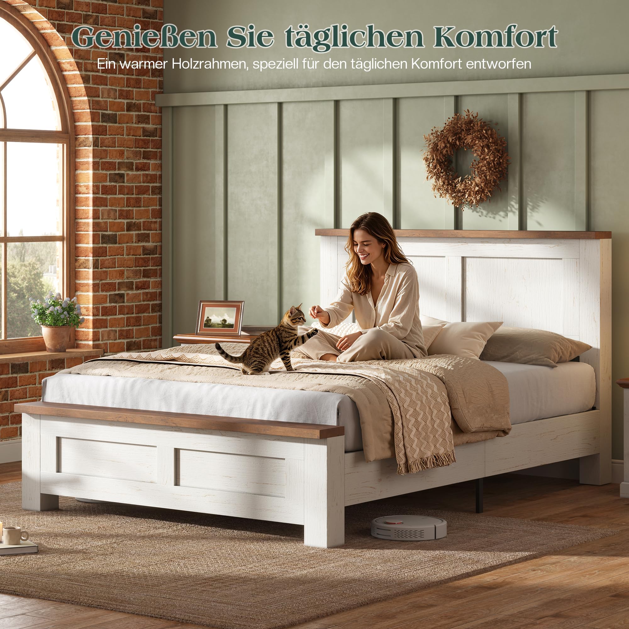 LUXOAK Bett mit Lattenrost, Bettgestell in Holzoptik mit Kopfteil im Rillen-Design, Modernes Holzbett im skandinavischen Stil, 15,5 cm Bodenfreiheit,Weiß (Weiß, 160 × 200 cm)