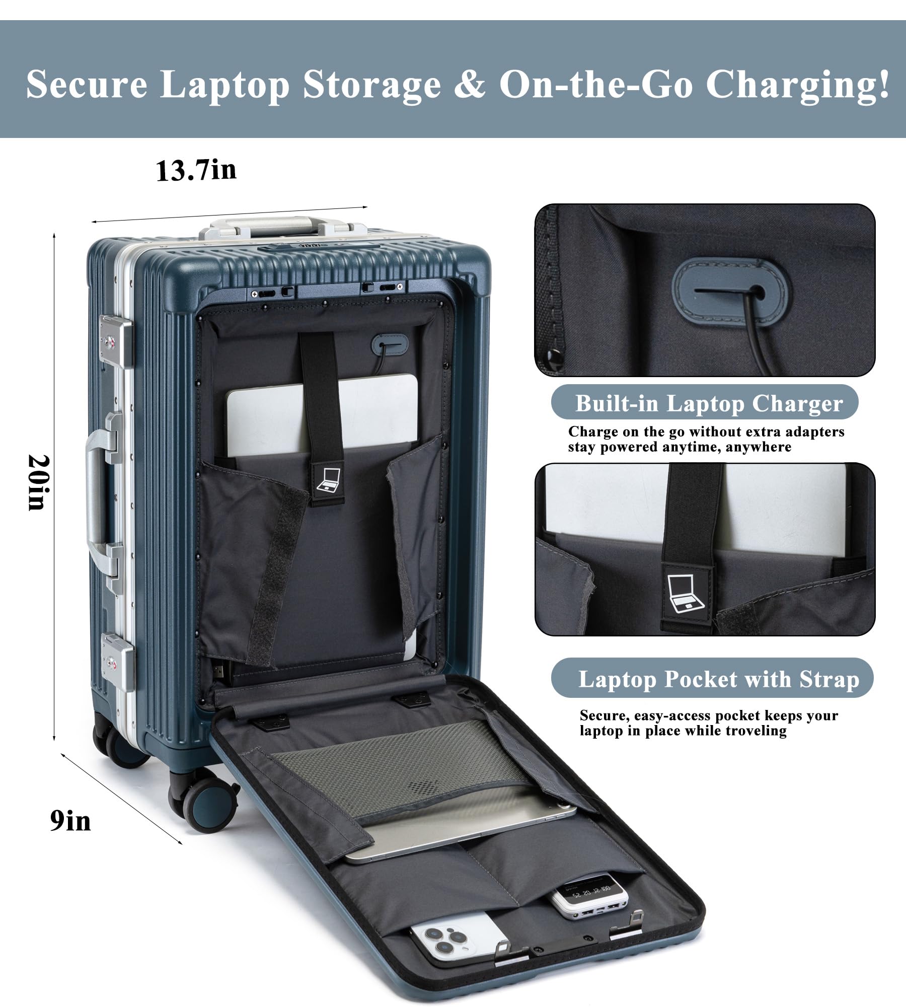 feilario Valigia con telaio in alluminio e guscio rigido in policarbonato, 50,8 x 38,1 x 22,9 cm, approvata dalle compagnie aeree, serratura TSA integrata, con portabicchieri, porta USB, supporto per
