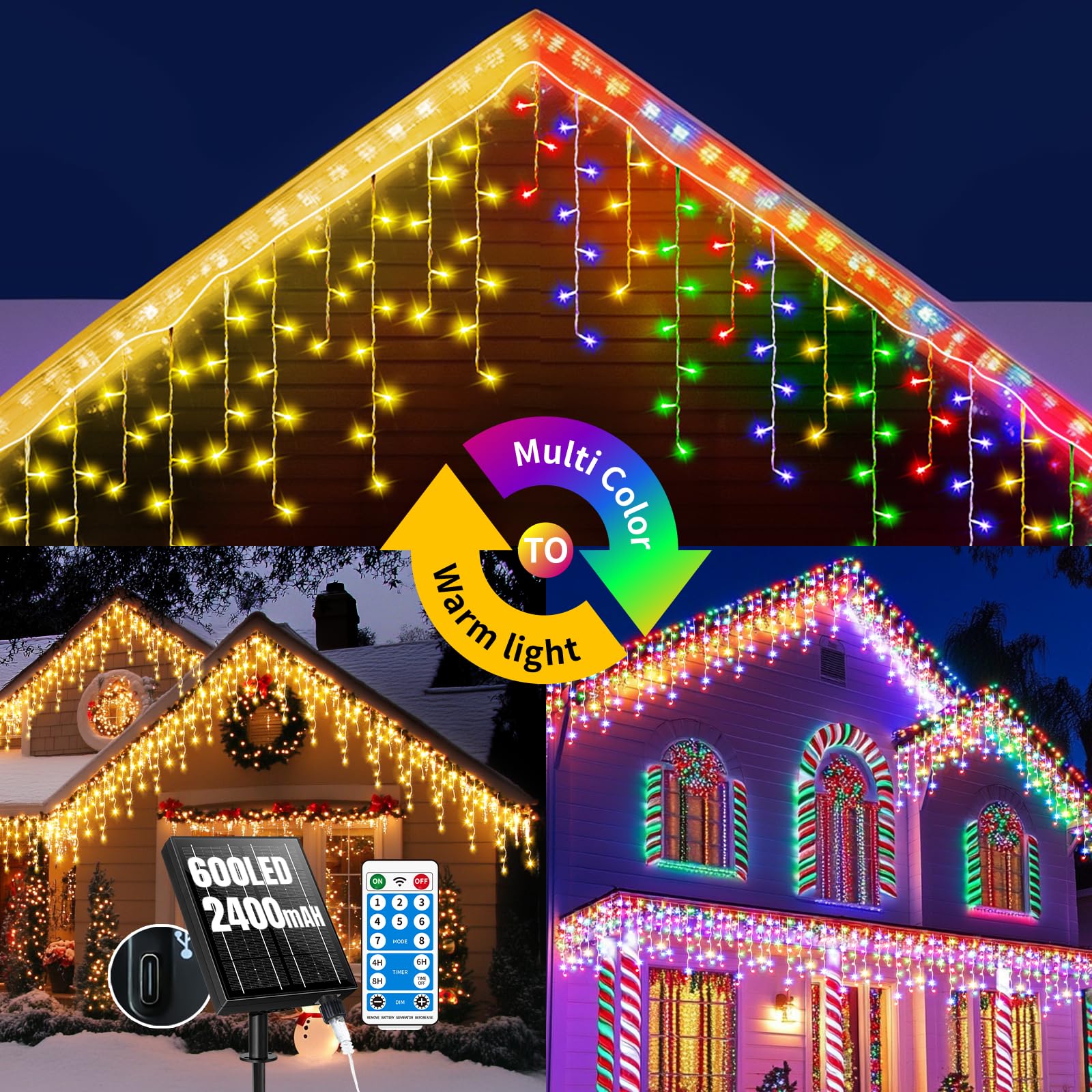 Solar Icicle Christmas Lights Outdoor 60+16Ft 600 LED Icicle Lights for Outside with 120 Drops 8 Modes Remote Dimmable Connectable Icicle Fairy Lights for Xmas Yard Eaves Balcony House Decorations
