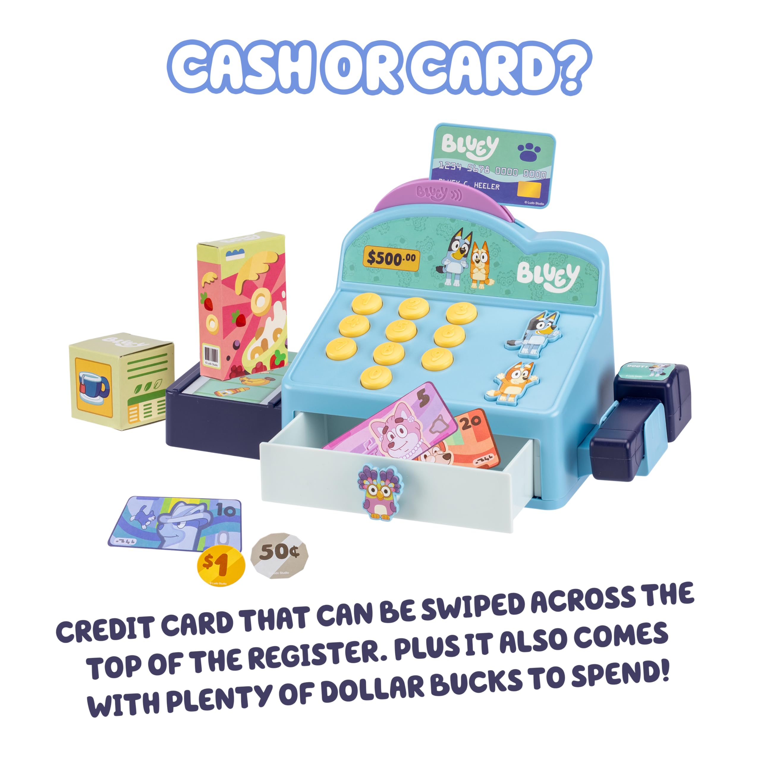 BlueY Caisse enregistreuse Les Boutons émettent des bips, des Sons et des répliques de et Bingo. Scanne des Articles comme si tu gérais Un Magasin. Contient Une Carte bancaire et de l’Argent !
