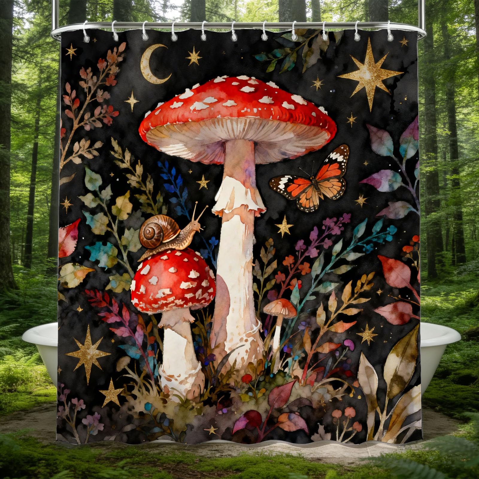Hongduo 3D Watercolor Mushroom Shower Curtain for Stalls Bathtubs Starry Sky Bathroom Decor Shower Curtain Set Polyester Fabric Waterproof 180x180cm/71X71 Inch with Hooks