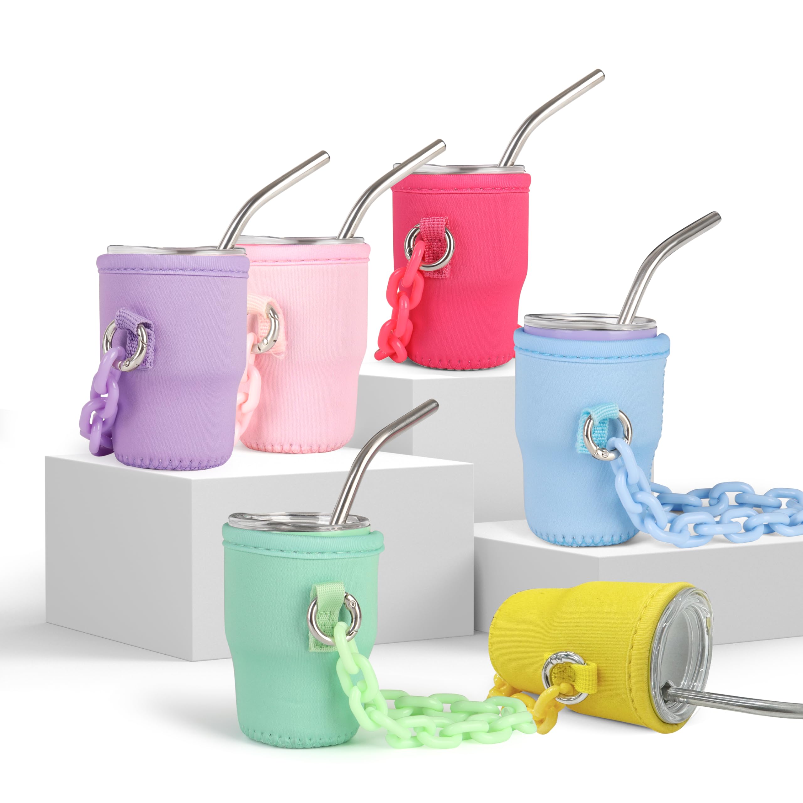 6 Pack Mini Tumbler with Colored Sleeves, 3oz Mini Tumbler Shot Glass with Straw, Lid and Acrylic Chains, Small Stainless ...