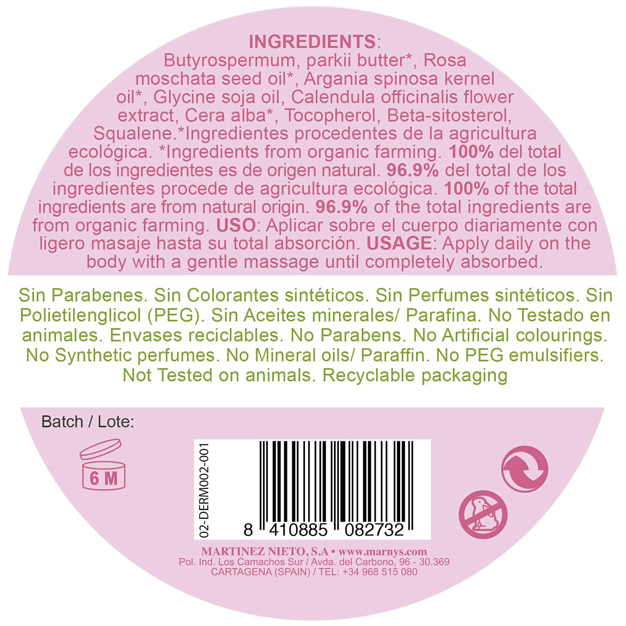 MARNYS Dermpure Manteca de Karité Rosa Mosqueta, Argán y Caléndula Biológico 100% Natural 100gr
