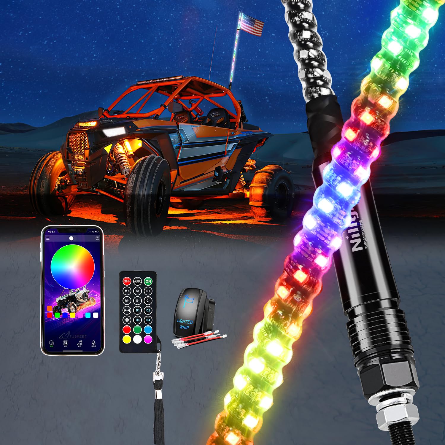 Nilight RGB LED Whip Light 1PC 5FT Lighted Antenna Whips