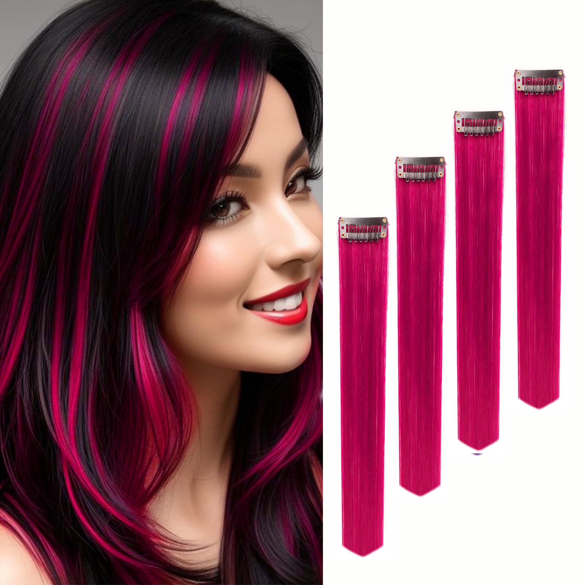 Paradise® Magenta Hair Extensions 22 inches, Pack of 4 Clip-based Straight Colored Hair Streaks for Women & Girls, Party Funky Synthetic Hair Patches-image-22