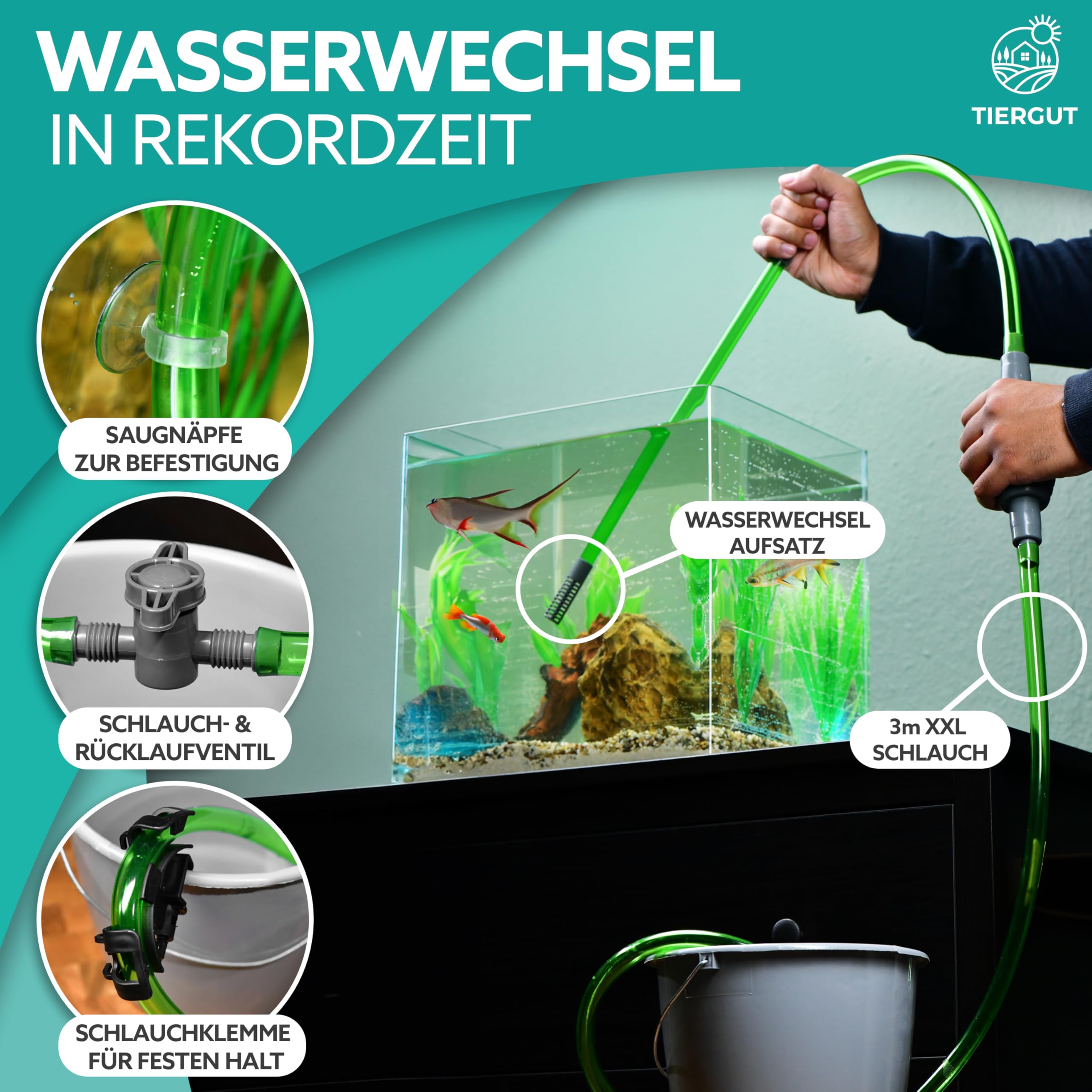 Mulmsauger Aquarium [9-teilig] - 3-in-1 Sauger für Boden-Reinigung, Wasserwechsel & Scheiben-Pflege - Komplett-Set inkl. XXL-Schlauch & Zubehör
