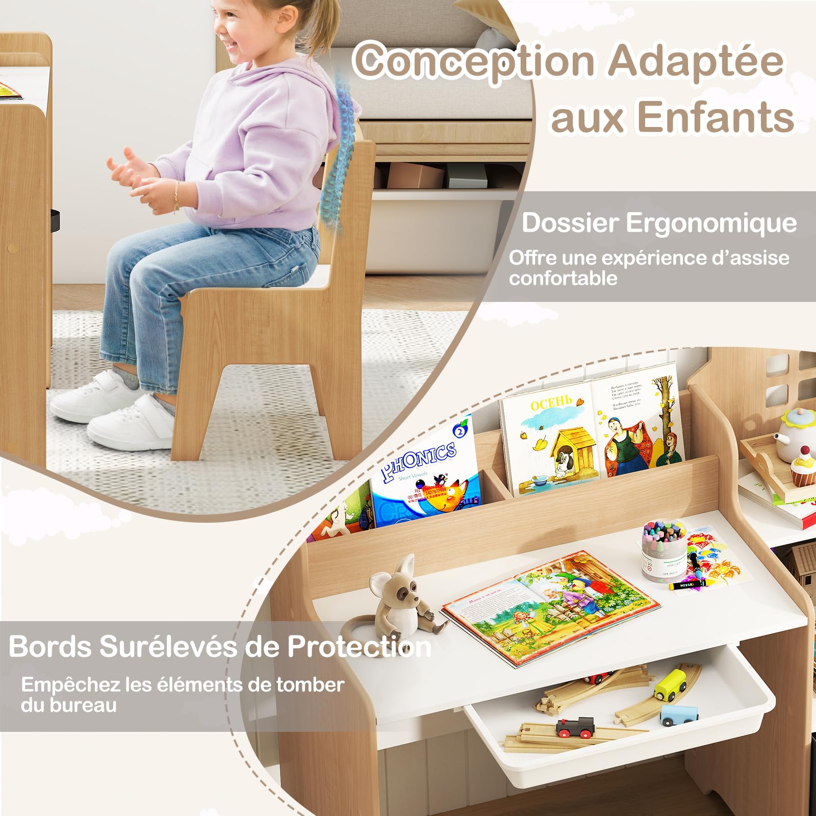 GOPLUS Bureau Enfant Fille Garçon en Forme de Maison, Table Enfant avec Chaise Ergonomique, Bureau d'Étude avec Rangement, Étagère et Tiroirs, pour Chambre et Maternelle (Naturel)