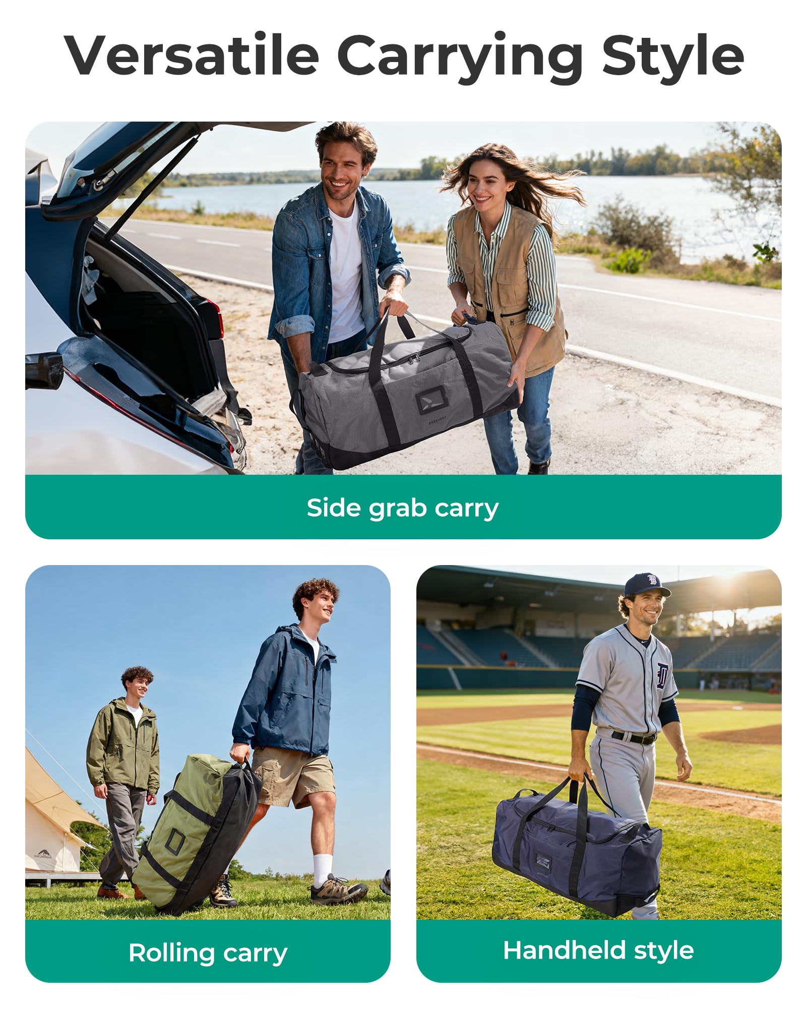 BAGSMART Faltbare Reisetasche mit Rollen, 83L Leicht Sporttasche 3-Rollen große Reisetasche Herren & Damen, Kann aufgerollt und aufbewahrt Werden, Schwarz