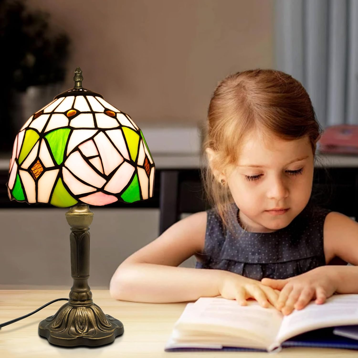 JHuiLap Small Tiffany Table Lamp, 8X14 inches Stained Glass Lamp,Handmade Vintage Lamp,Decor Bedside Bedroom Living Room and Study,Include E26 LED Bulb (Pink Roses)