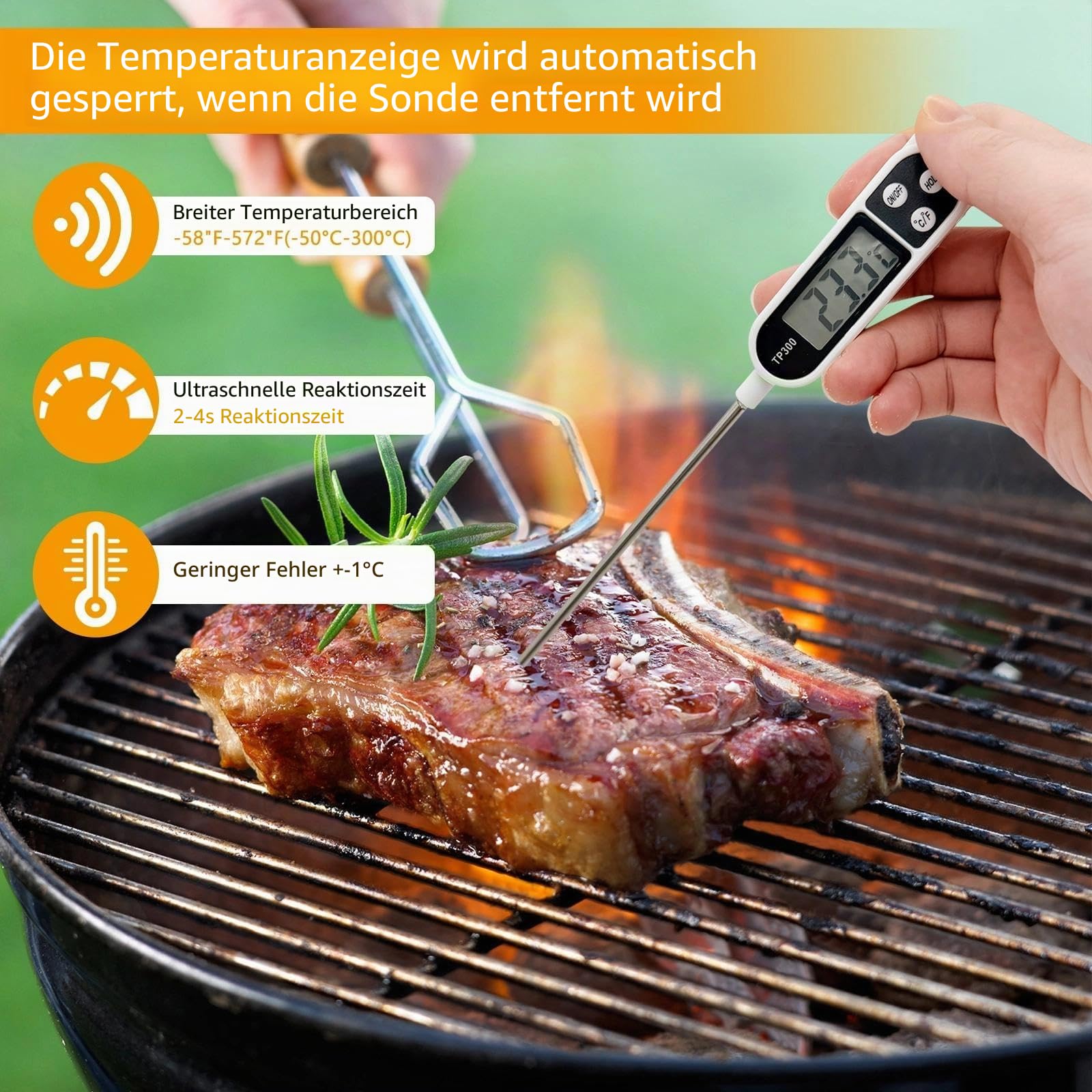 Fleischthermometer Bratenthermometer Grillthermometer Küchenthermometer Digital Thermometer mit 3s Sofortiges Auslesen für Küche, Kochen, BBQ - Weiß