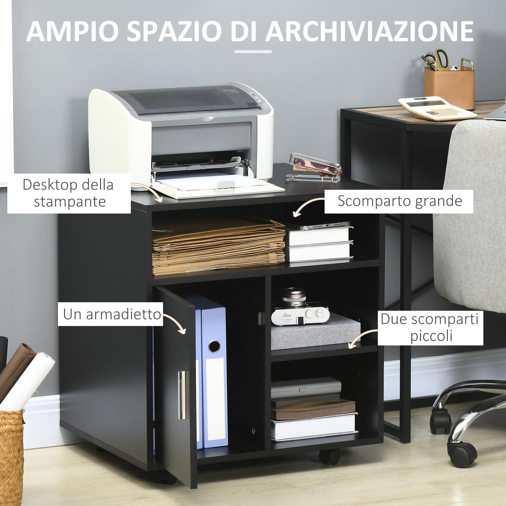 HOMCOM Mobile Porta Stampante con Ruote a Freno, Mobiletto per Stampante con Armadietto Anta Soft Close, 3 Scomparti Aperti, Ripiano Regolabile, Multiuso per Ufficio Studio, 60x50x65.5 cm, Nero