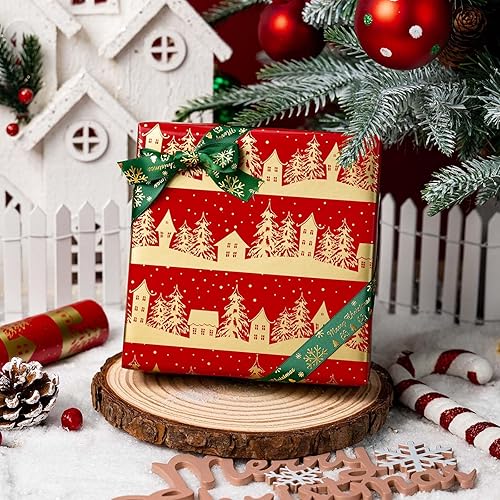 Miniatura 6 de MAYPLUSS Rollo de Papel de Regalo de Navidad, 17 Pulgadas X 16.5 Pies Papel de Regalo con Diseño de Árbol de Navidad Dorado Casa Copo de Nieve