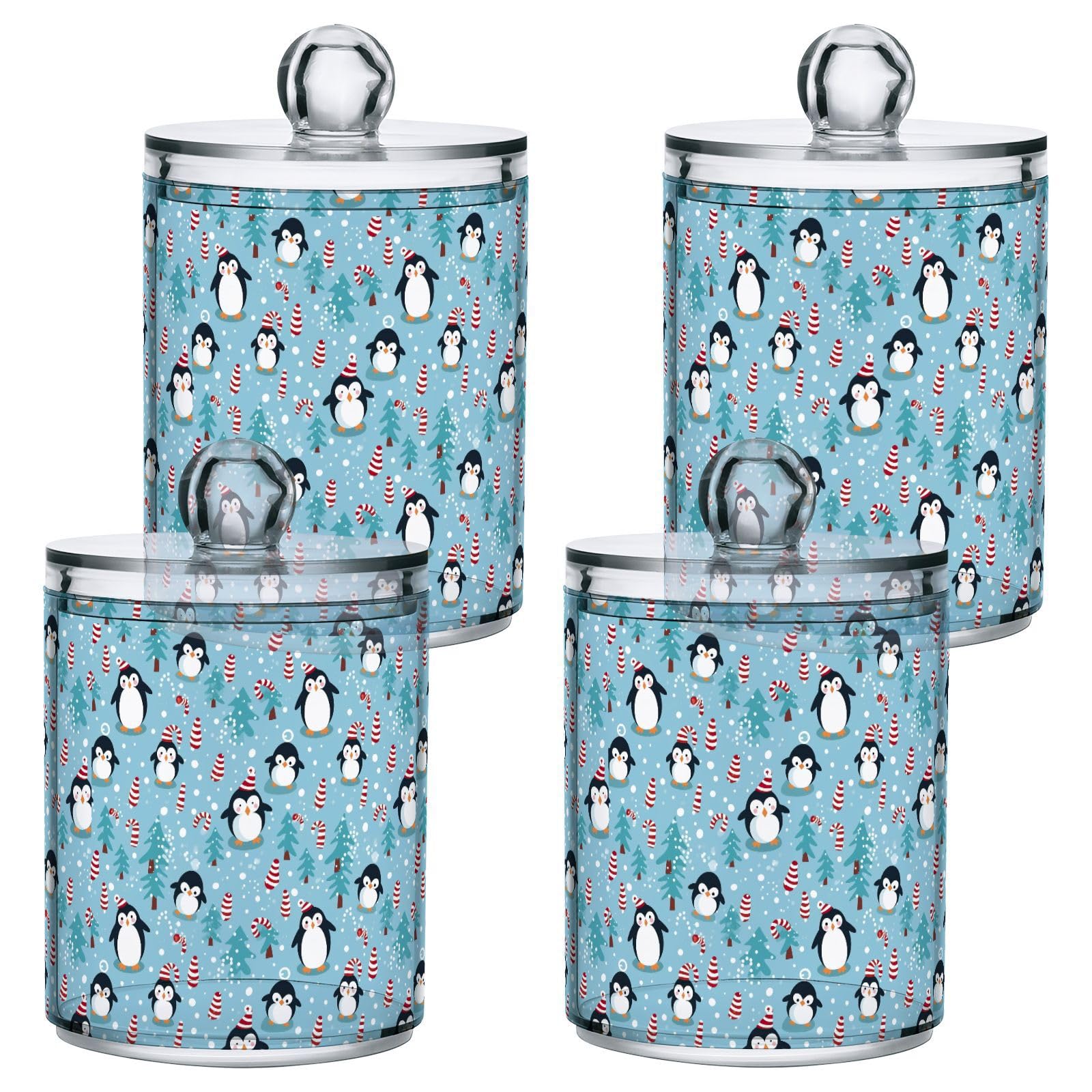 4 Pcs Christmas Xmas Penguin 10 OZ Qtip Holder Dispenser for Cotton Ball Cotton Swab Cotton Round Pads