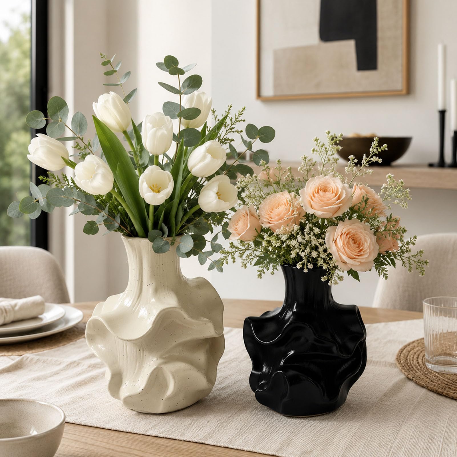Moderne Kunstharz Vase für Pampasgras Trockenblumen und Wohndeko | Wohnzimmer Schlafzimmer Büro Esstisch Regal Kaminsims Tischdeko Zweige Kunstblumen Dekoobjekt Minimalistisch Skulptural