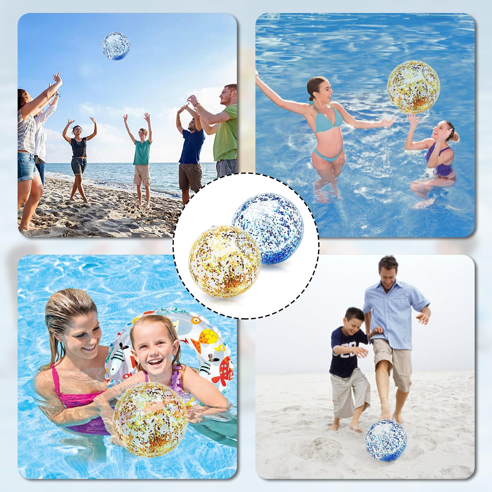 Vyuwast Glitzer-Strandbälle (4 Stück) – Aufblasbar, 40 Cm, Mit Konfetti, Für Pool, Strand & Party