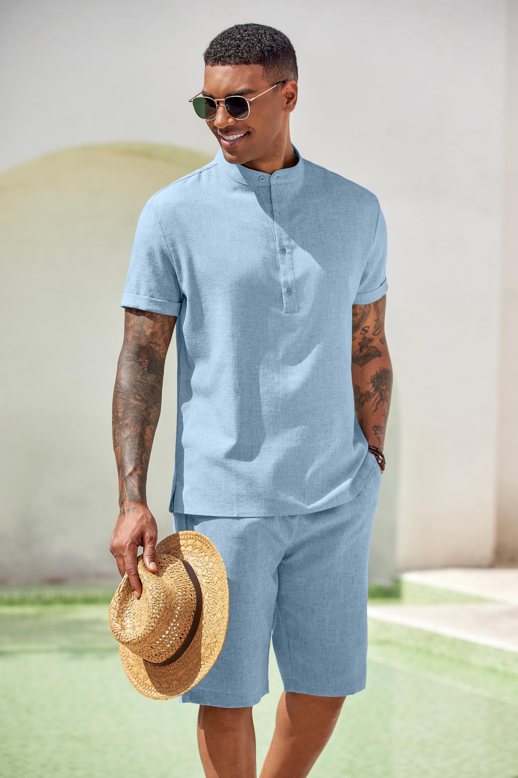 COOFANDY Ensemble 2 pièces pour homme - Chemises et shorts Henley à manches courtes - Texture - Pour l'été, la plage, les vacances | Fermeture à boutons, plage, été, léger, respirant, cordon de serrage réglable