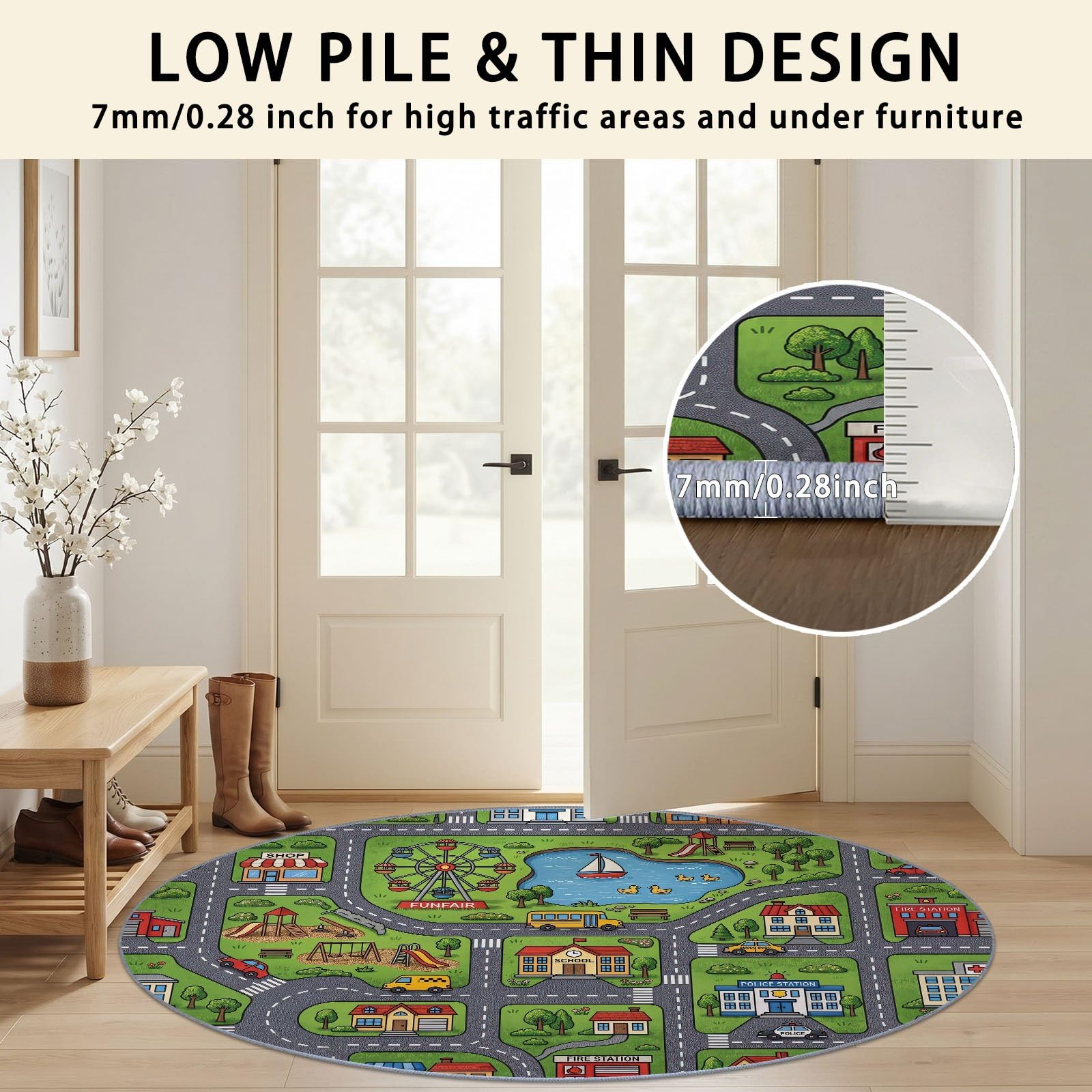 Tapis Rond Dessin Animé Ville 160 cm, Grande Roue Bus Scolaire Commissariat Lavable en Machine pour Salon, Antidérapant, Tapis Imprimé pour Salle à Manger, Chambre d’Enfant, Nurserie, Vert