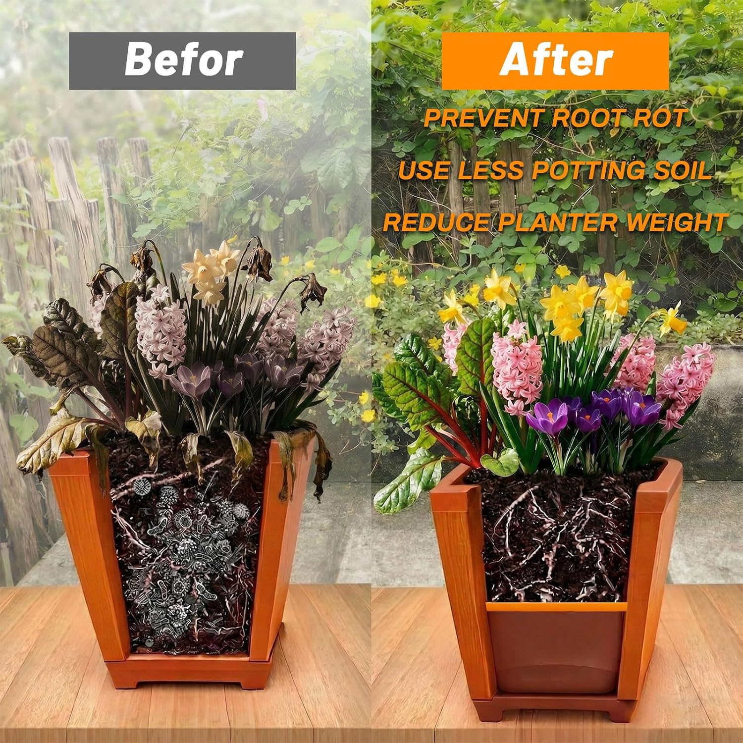 2Pcs 15" Square Planter Insert, Durable Plastic Plant Pot Insert with Drainage Holes, Soil Reducing Planter Lifter for Root Health & Indoor Outdoor Containers (Fits 19"-21" Pot)