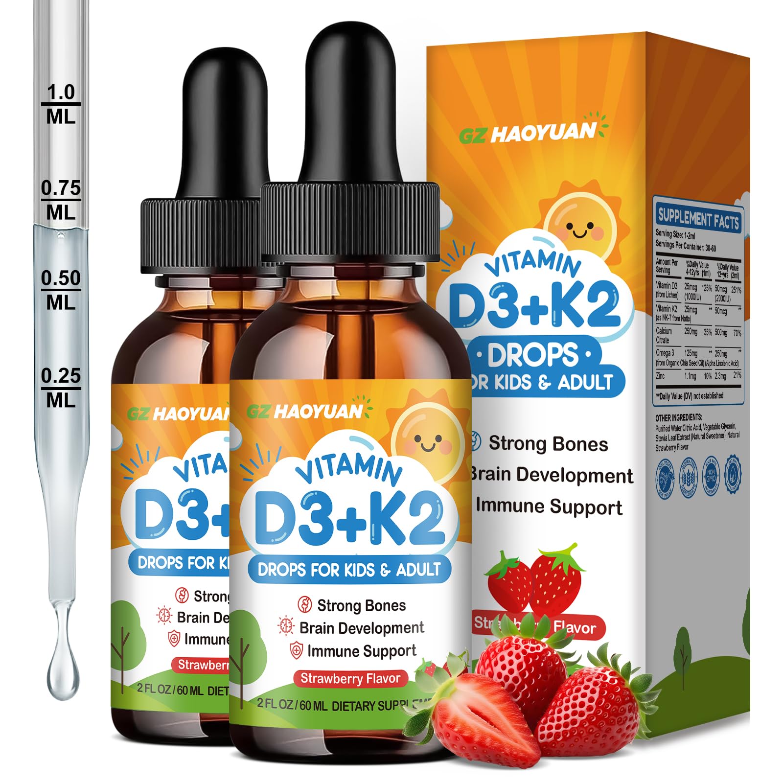 Vitamin D3 K2 Drops for Kids Liquid Vitamin D3 Supplement with Calcium, Omega 3, Zinc for Calcium Absorption Healthy Bones, Brain Development & Immune System, Non-GMO, Vegan, Strawberry Flavor 4 Fl Oz Strawberry 4 Fl Oz (Pack of 1)