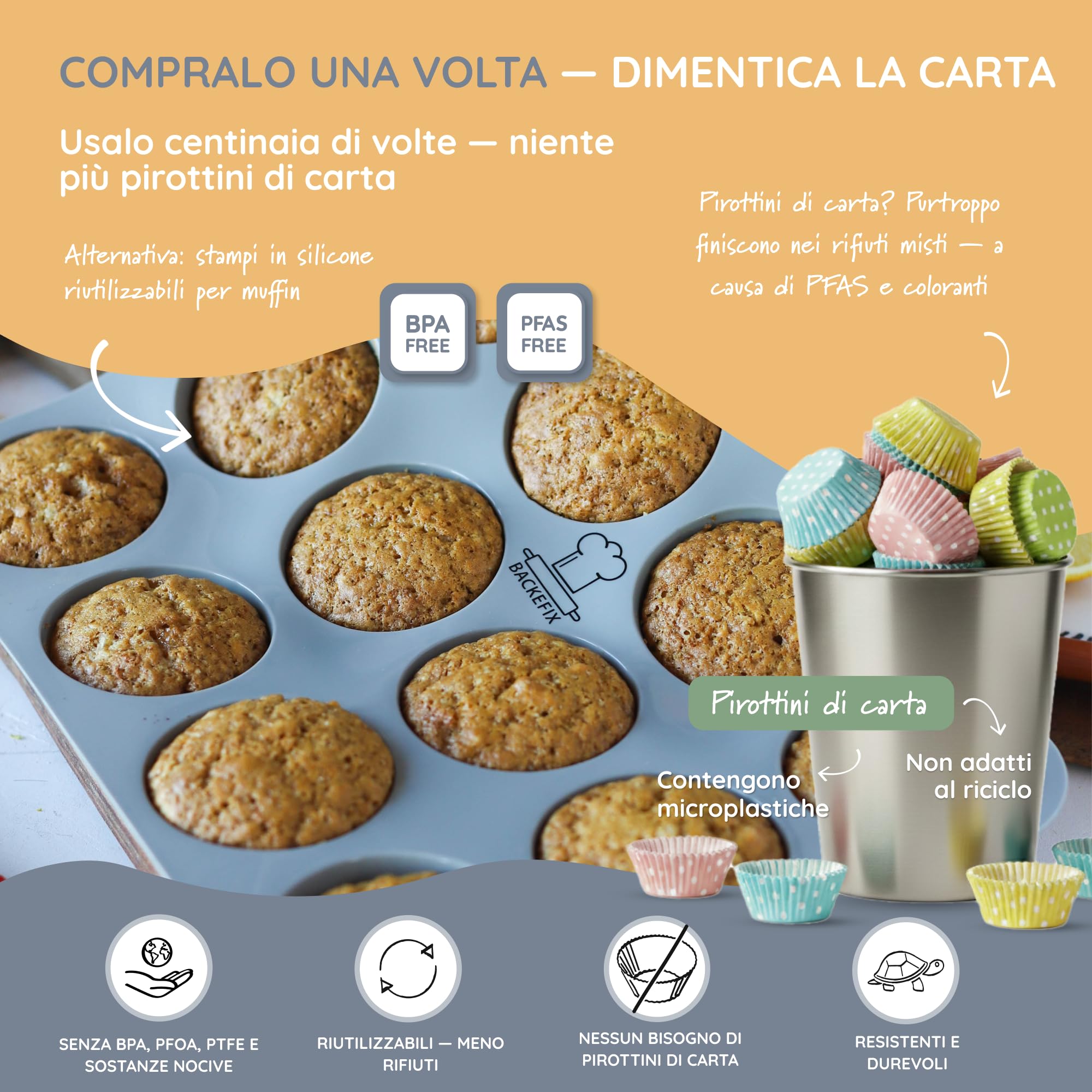 Backefix teglia per muffin in silicone 12 Flexi – stampo per muffin con 12 cavità, 80 ml ciascuna, antiaderente, senza pirottini, silicone platino, senza BPA & PFAS, lavabile in lavastoviglie, grigio