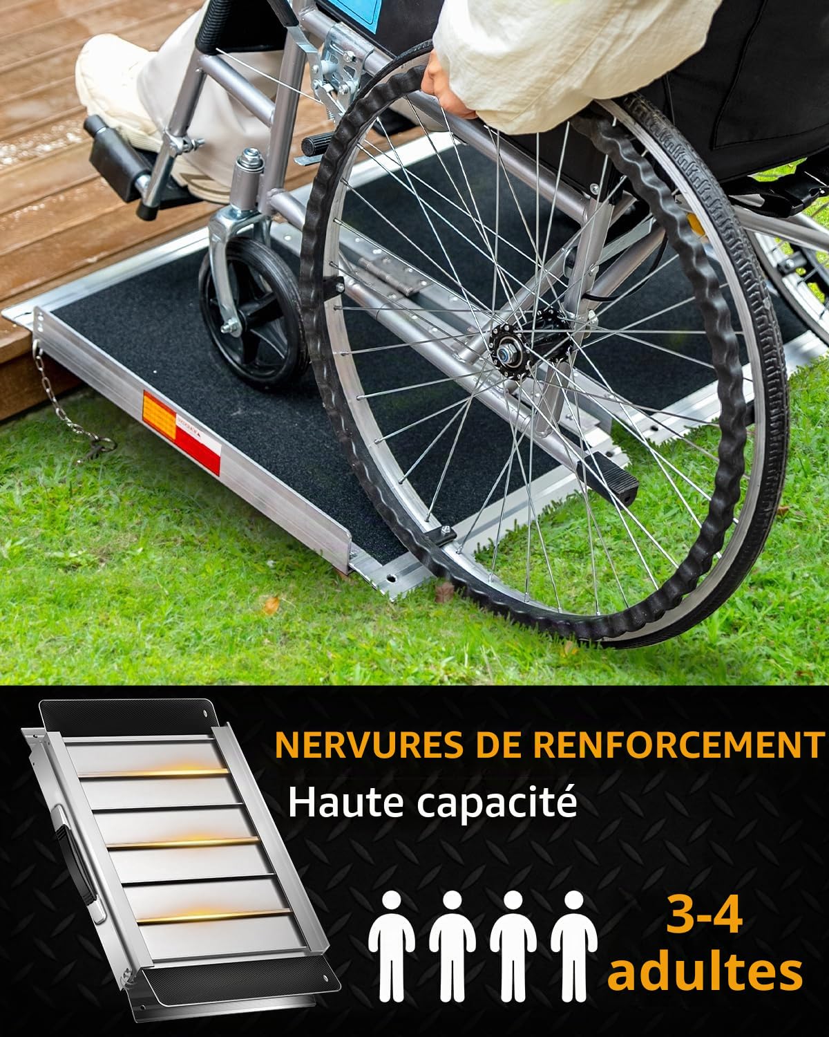 Rampe pour Fauteuil Roulant 61CM, Capacité 363KG, Rampe Pliante Antidérapante en Aluminium avec Surface en Carborundum pour Marches, Seuils, Trottoirs, Escaliers et Voitures