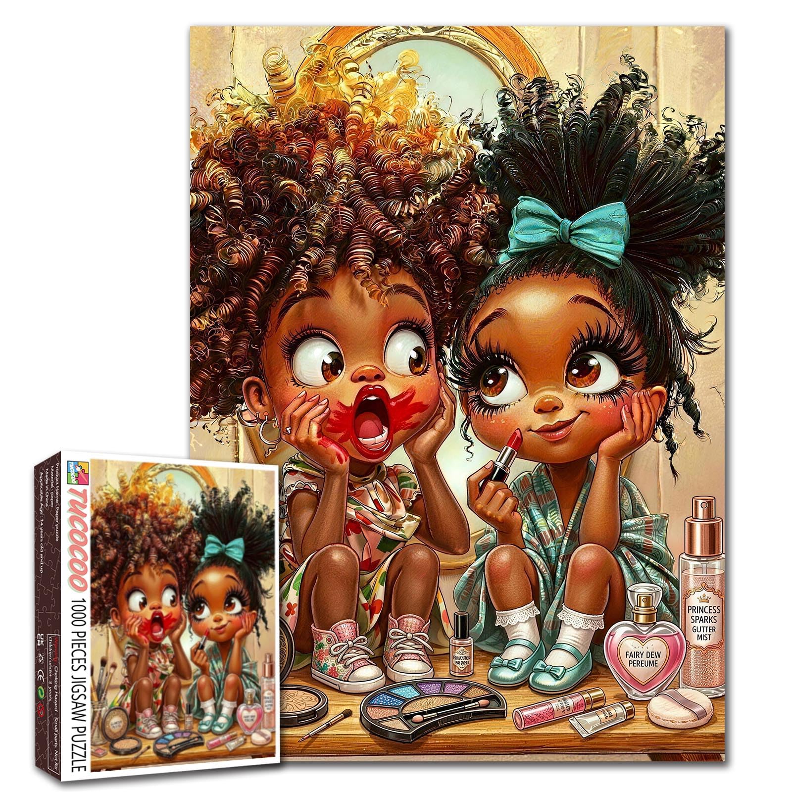 1000 Piece Jigsaw Puzzles for Adults African American Girl Jigsaw Puzzle Afro Black Child 1000 Pieces Puzzles Game Makeup Beauty African DIY Craft Bedroom Decor Best Friends Girl Art