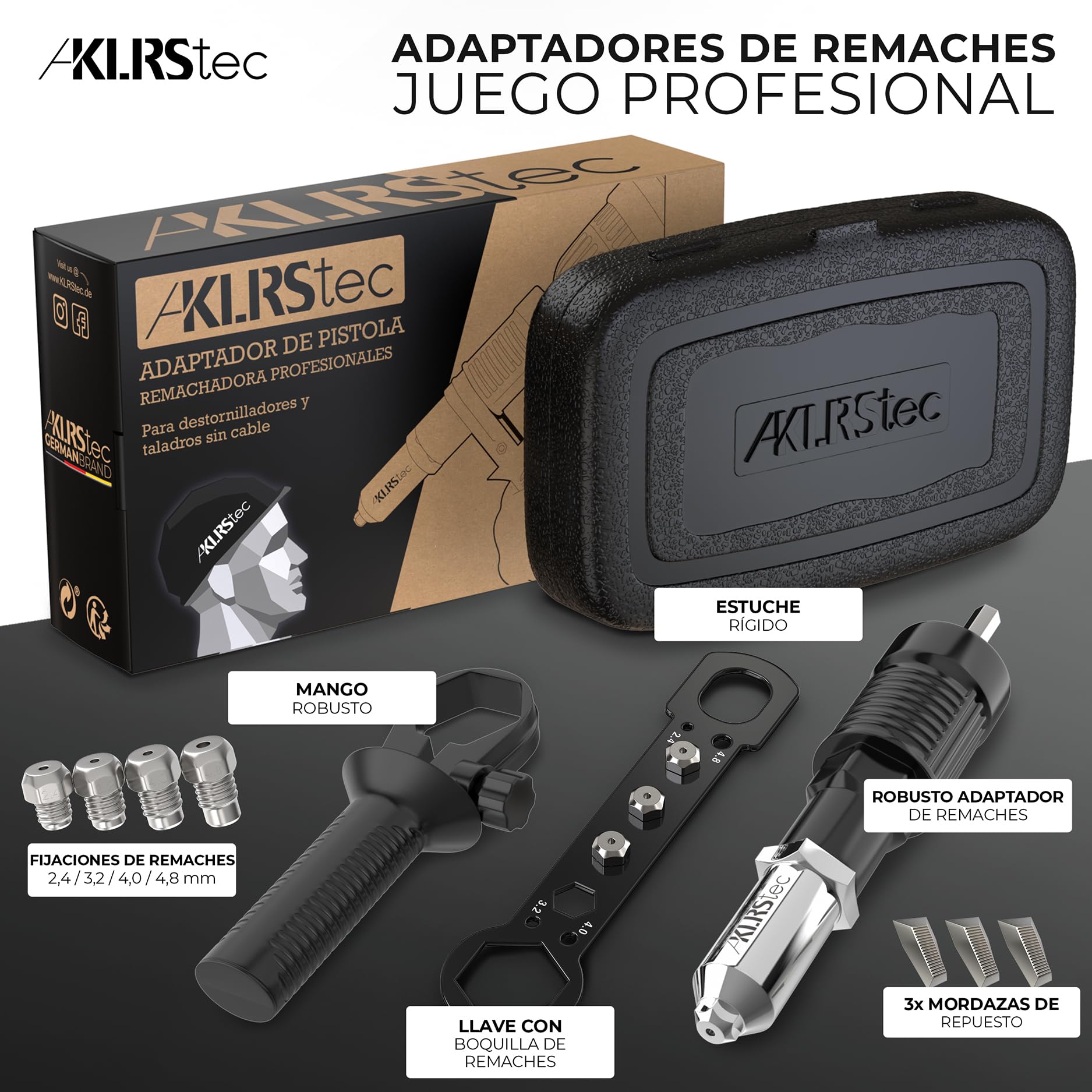 KLRStec® Adaptador de Remaches Profesional | Remachadora para destornilladores | Para Remaches con tamaños de 2,4mm 3,2mm 4mm y 4,8 mm