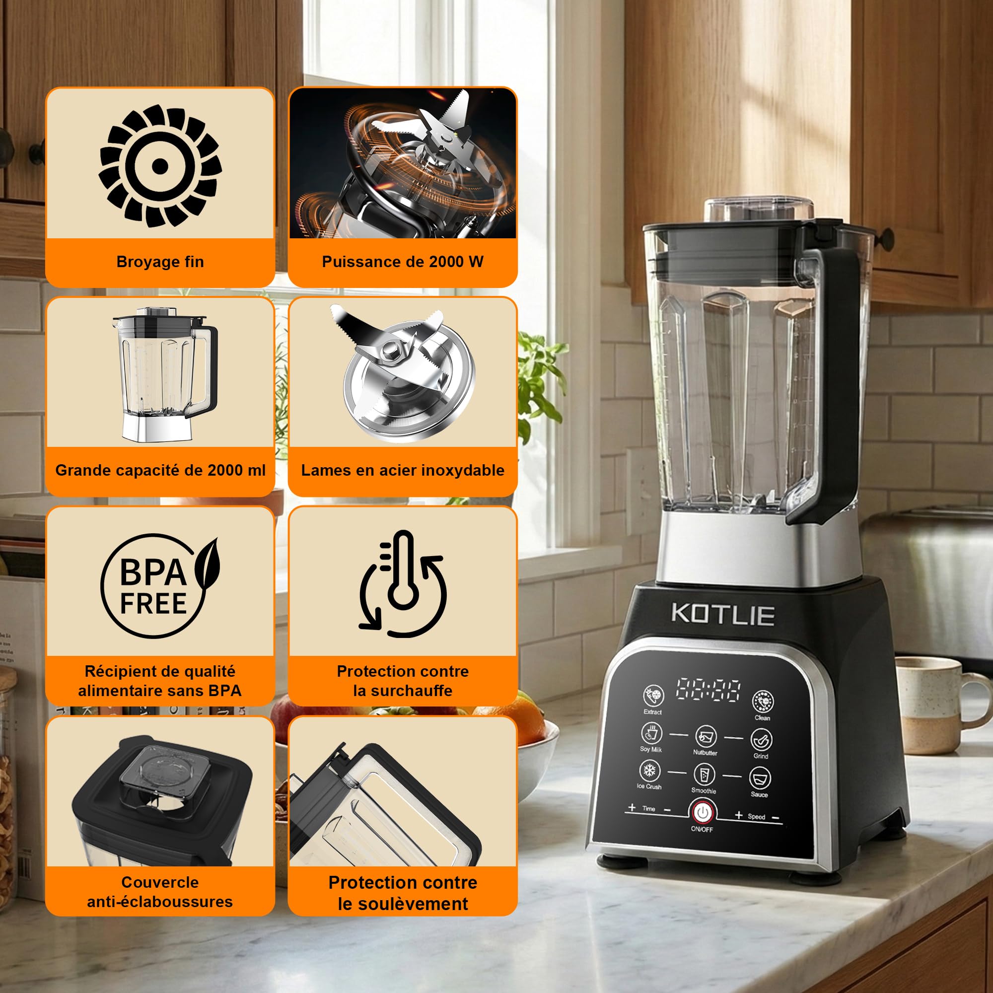 KOTLIE Mixeur blender, 2000W, appareil à smoothie avec bol 2L