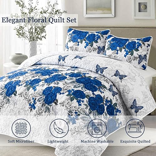 Miniatura 2 de Yiran Juego de edredón floral tamaño King, elegante colcha de 3 piezas con rosa azul, juego de colcha de microfibra ligera con 2 fundas de almohada