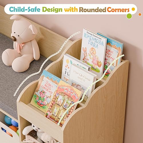 Miniatura 9 de MU Estantería para niños con rincón de lectura, organizador de almacenamiento de juguetes de madera con pizarra y banco, rincón de lectura para