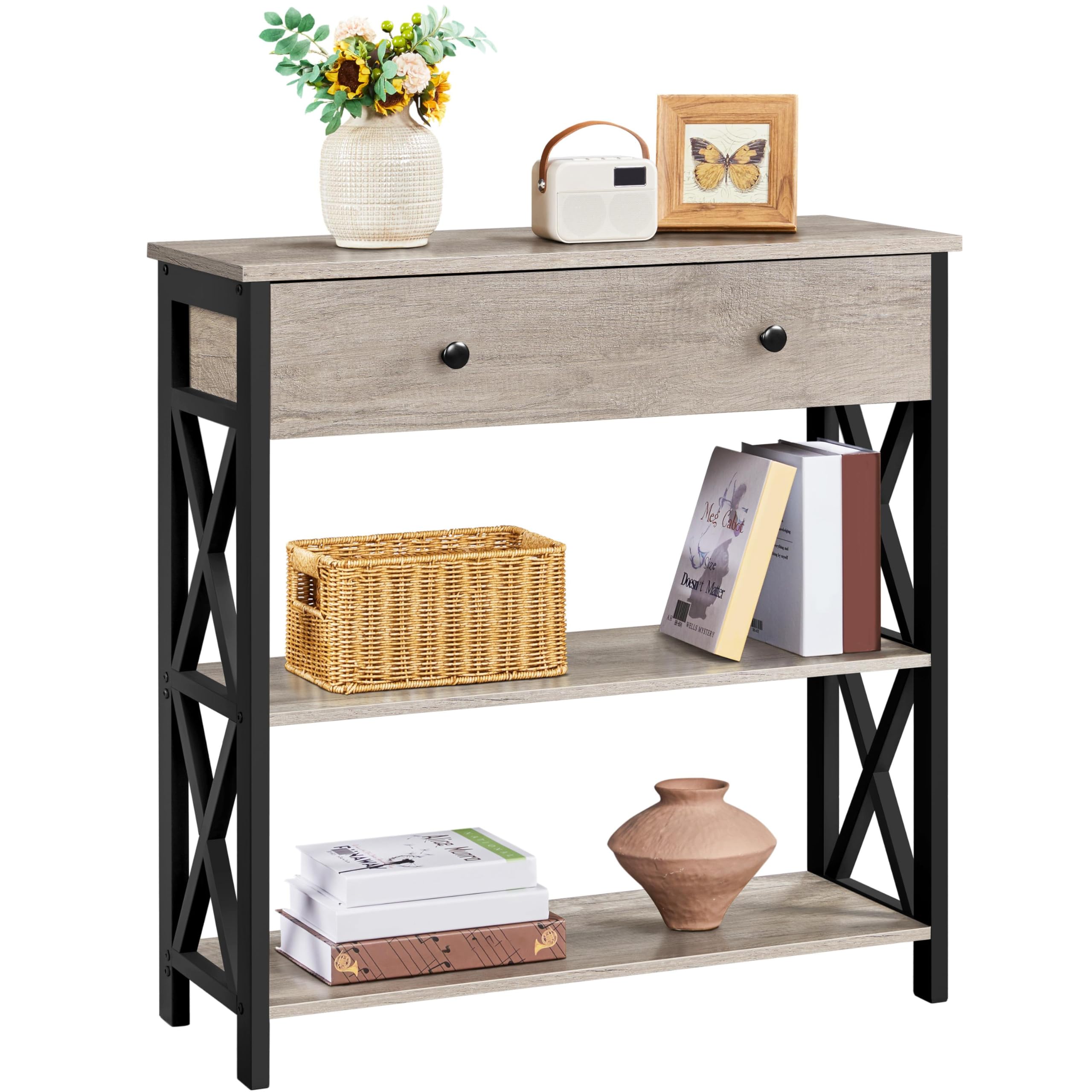 Yaheetech Konsolentisch Beistelltisch mit 1 Schublade und 2 offenen Ablagen 3-Stufiger Flurtisch mit Metallrahmen Schmaler Sofatisch Industrie Design Sideboard für Wohnzimmer/Flur/Eingang