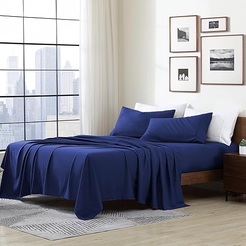 Cathay Home Essentials Ultra Soft Hypoallergenic Wrinkle Resistant Double Brushed Microfiber Bedding Sheet Set, Royal Blue, California King