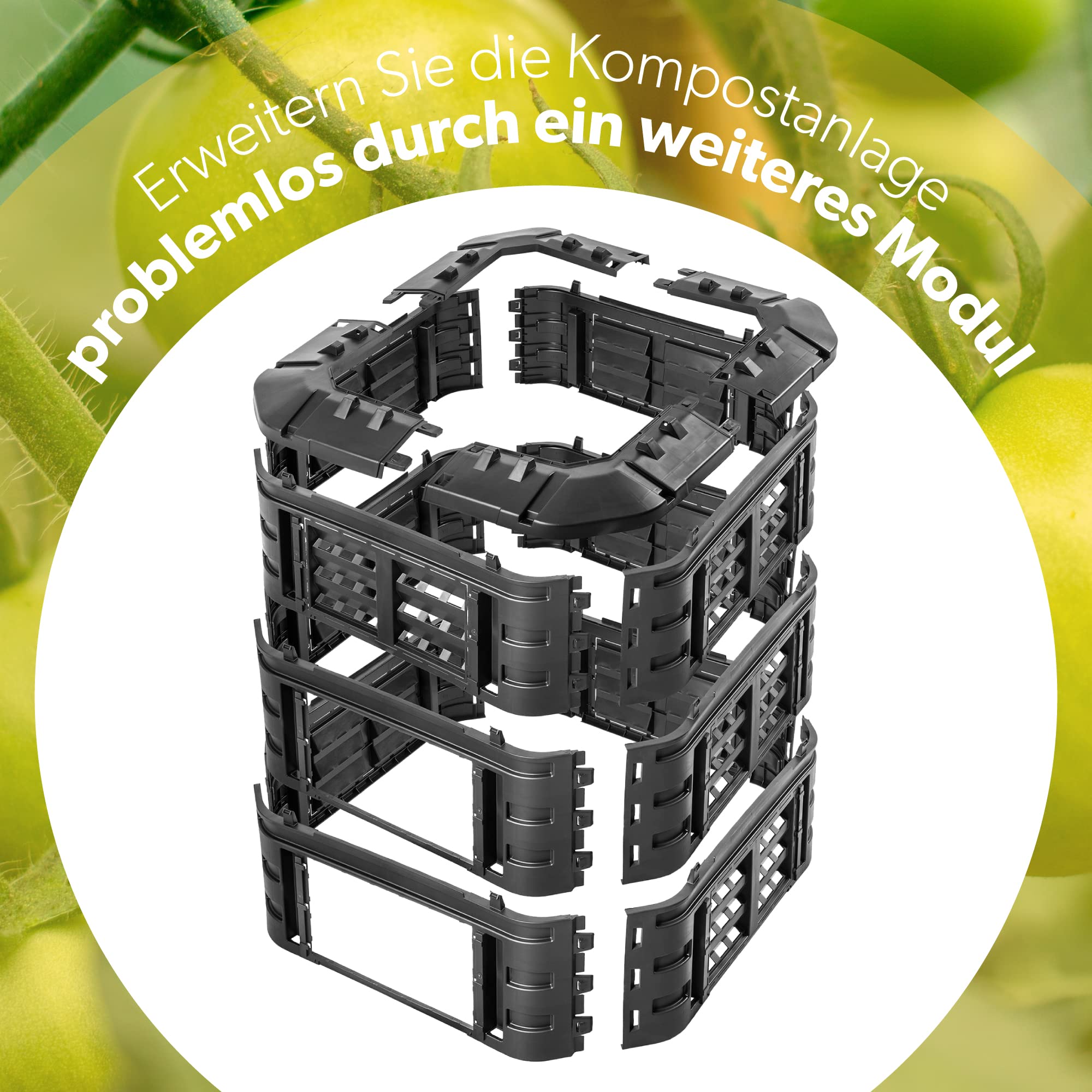 KADAX Modul-Kompostanlage, Schnellkomposter aus Kunststoff, Komposter mit Druckknöpfen, schwarzer Thermokomposter mit klappbarem Deckel (860L)