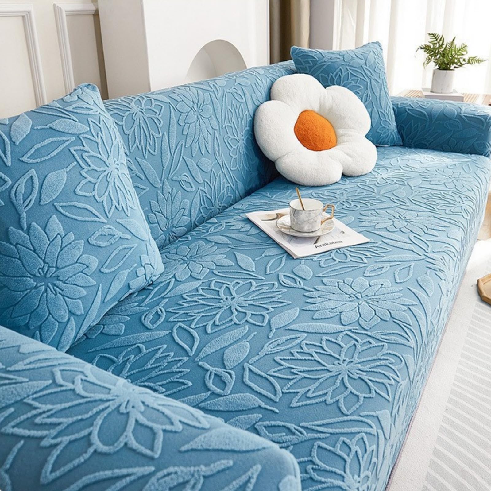 Odot Jacquard Chrysanthème Housse de Canapé 1/2/3/4/5 Places (Bleu,5 Places)
