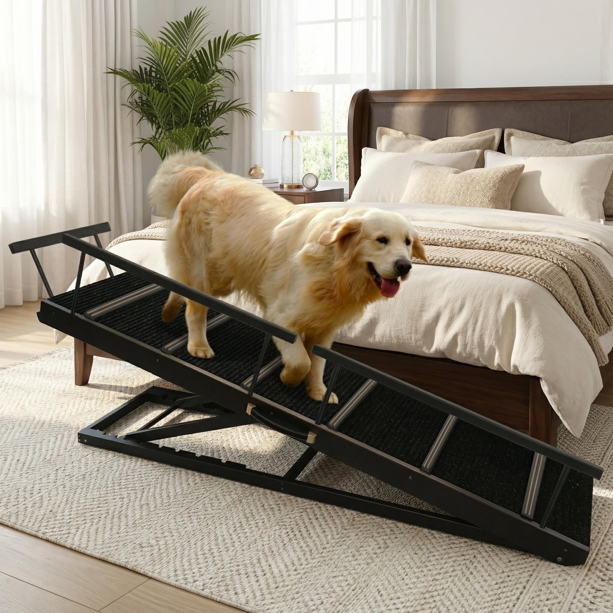 PANTAZO Pet Ramp Folding Portable Wooden Dog & Cat Ramps for Couch or Bed, Including Non Slip Mat & Safety Side Rails, 64.2 Inch Long and Height Adjustable from 13.4 Inch to 38 Inch Up to 110 Lbs