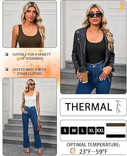 Miniatura 6 de Paquete de 3 camisetas térmicas sin mangas acanaladas para mujer, de forro polar de algodón, cuello redondo, ajustadas, capa base de camisola