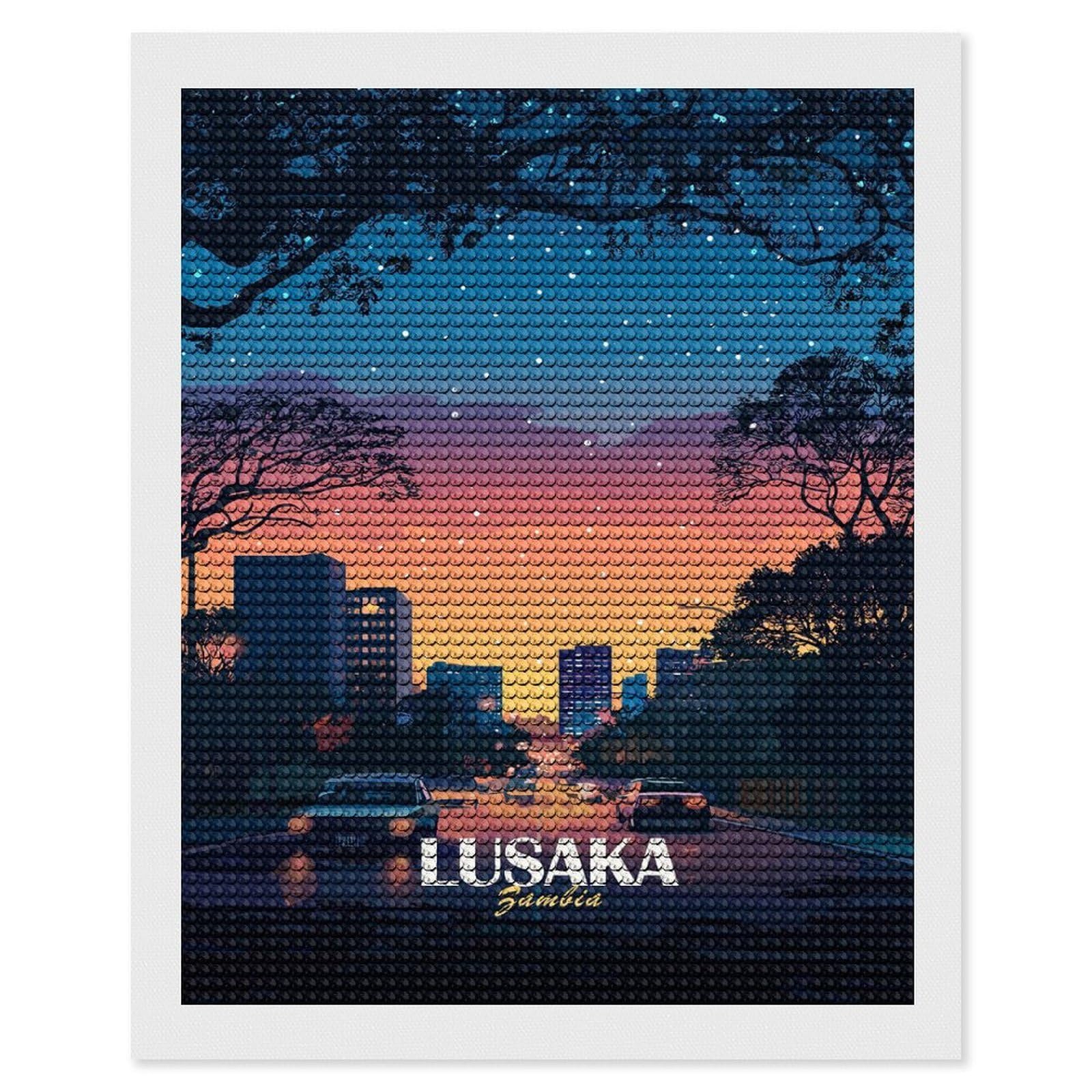 Junmoney Lusaka Zambia Cityscape at Dusk Diamond Painting Canvas Set 16"x20", for Adults, Sparkling Round Gems, Thoughtful Handmade Gift, Modern Decor