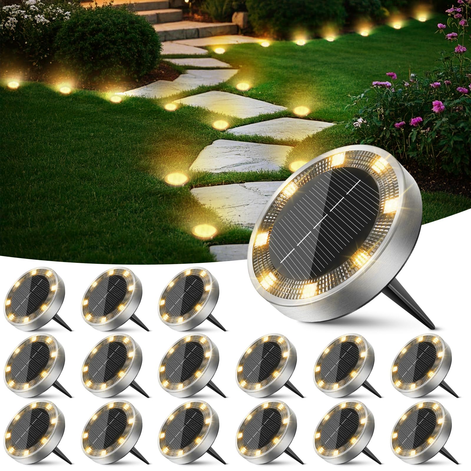 Peasur 12 Paquetes Luces Solares LED Exterior Jardin Suelo,8 LED Luz Solar Exterior Jardin, IP65 Impermeable Luces Solares para Patio, Camino, Césped, Blanco Frío — view 8