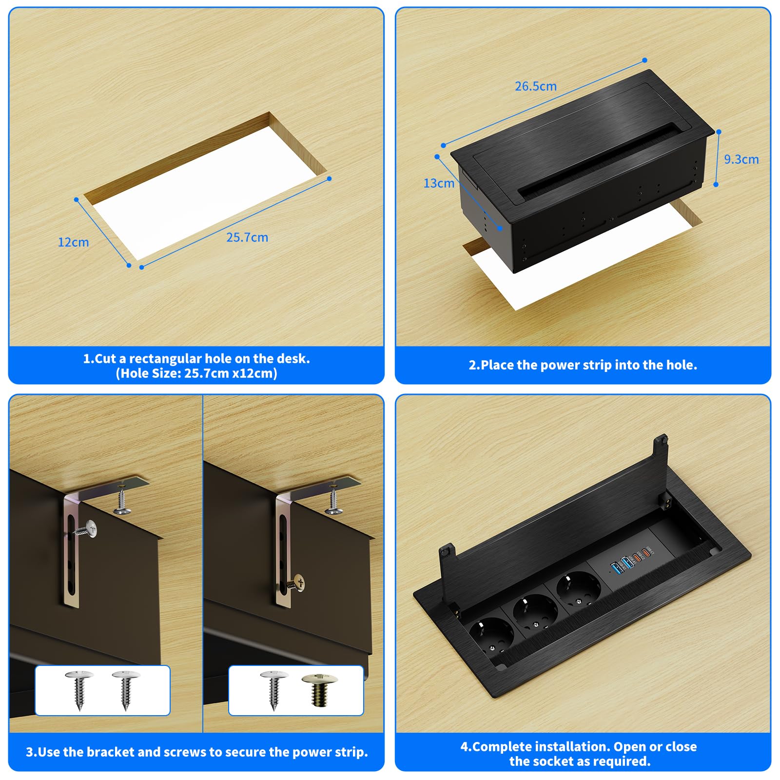 Enchufe empotrable de Aluminio para Cocina, encimera y Oficina con 3 Tomas de Corriente, 2 Puertos USB-C PD 30W y 2 USB-A, regleta de enchufes empotrable con Cable de 1,8 m, Color Negro