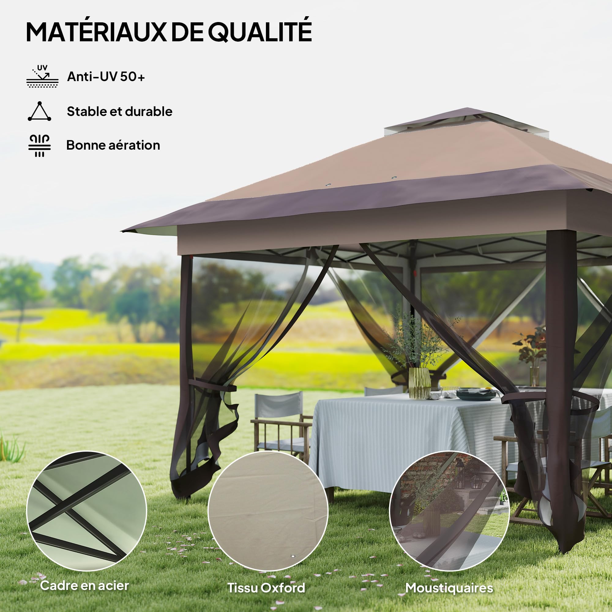 Outsunny Tonnelle de Jardin Extérieur Pliante 3,6x3,6m Kaki Marron