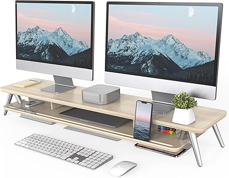 Fenge Dual Monitor Stand, Monitor Stands Riser for 2 monitors, 42.5 Inch Wood Desk Shelf with Storage Organizer and Cable Management for Office Desk Accessories