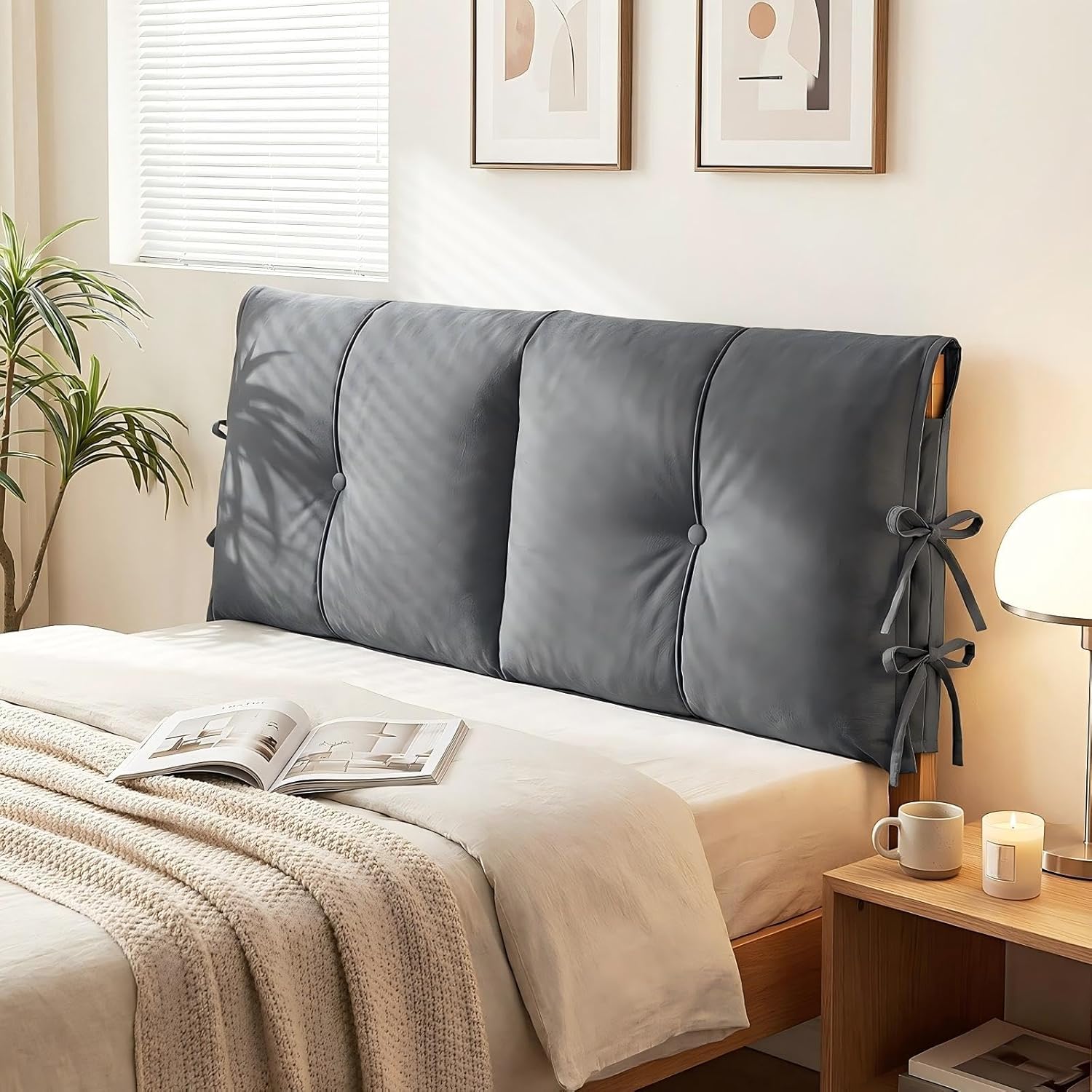 Tegeme Headboard Cover with Tie Straps Full-Cover Large Thicken Bed Headboard Pillow for King Queen Full Size Beds Metal Frame Wooden Bed(Dark Gray,Full Size)