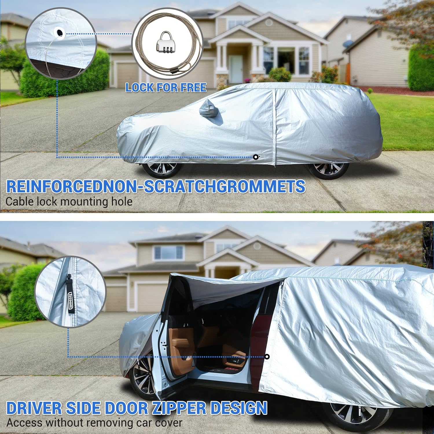 Tecoom Car Cover Waterproof All Weather, 8 Layers Soft Cotton Fleece Lining SUV Car Cover with Zipper Door & Lock, Windproof Rain Sun UV Hail Protector Full Exterior Covers Fit SUV (206-215 Inches)
