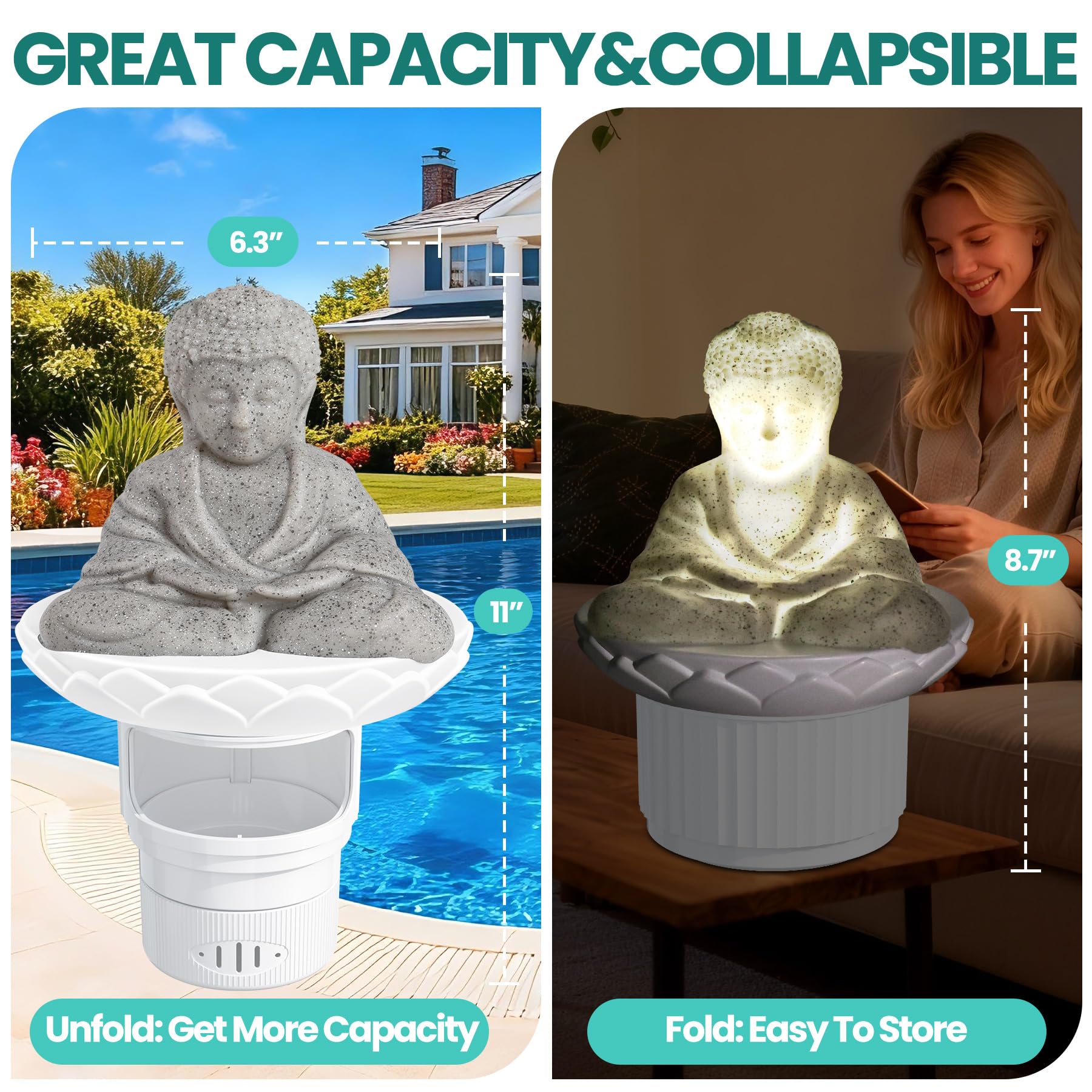 PRAXXIS Galleggiante solare per cloro, statua di Buddha galleggiante per cloro con luce solare, dispenser di cloro galleggiante regolabile per piscina, galleggiante per cloro pieghevole, galleggiante